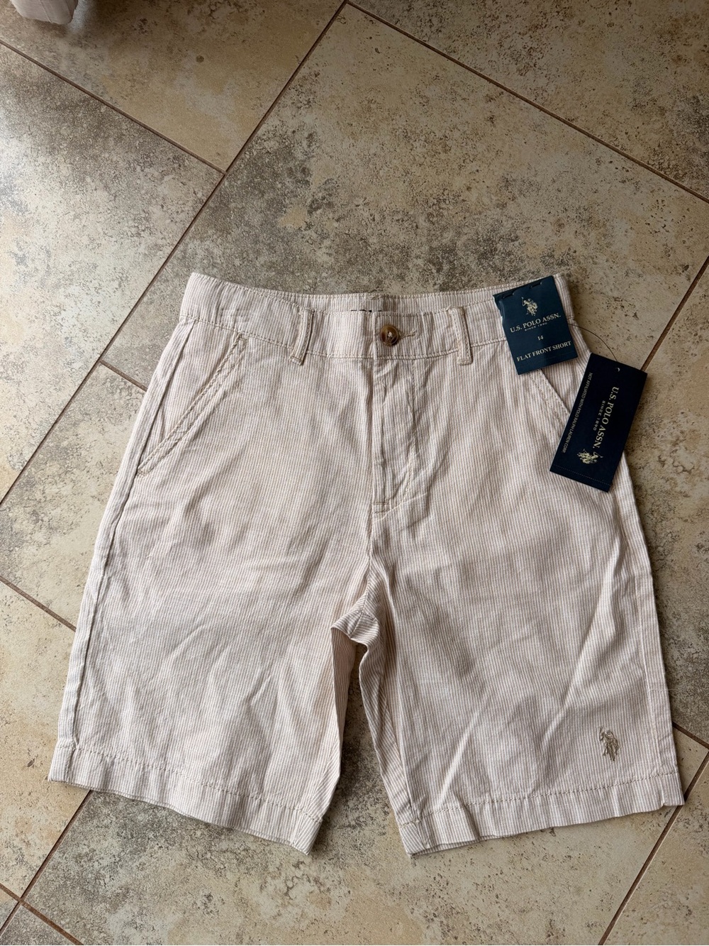U.S. Polo Assn Boys Hartford Flat Front Shorts Size 14 Tan Stripe NWT